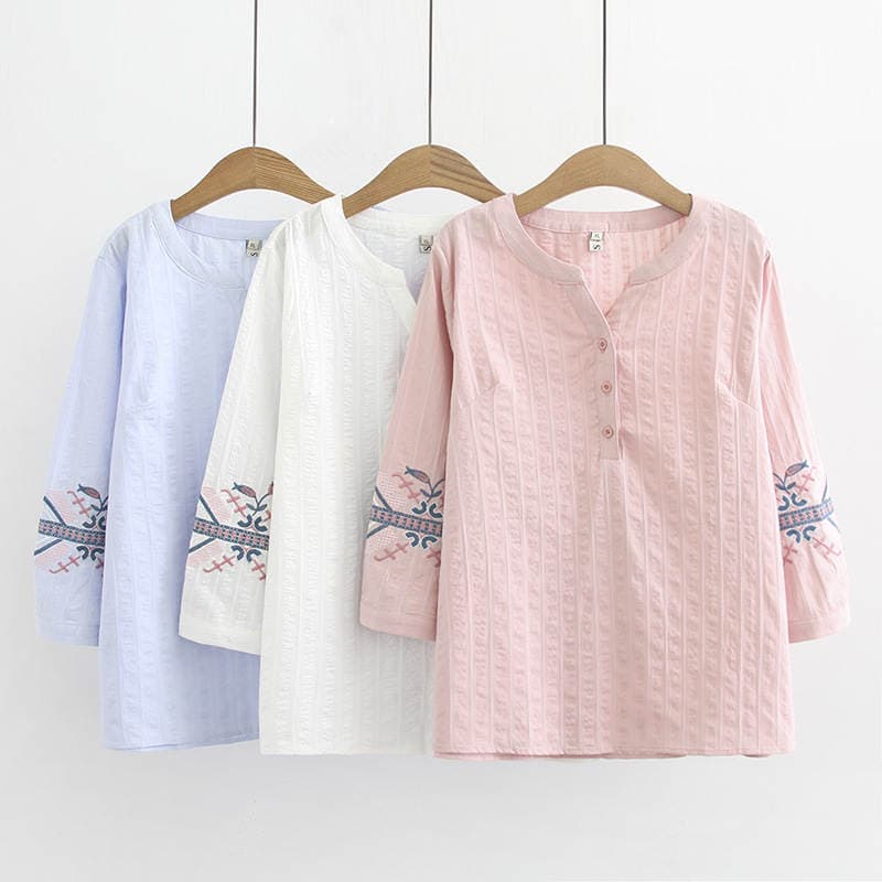 Boyle's qadın geyimi, yaz üçün, böyük ölçülü, yarım açıq yaxalı, pambıq T-shirt, qərb üslubunda, zərif, naxışlı, 3/4 qol 051 1