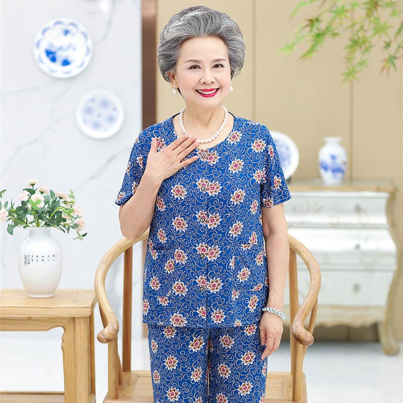Yaşlı Qadınlar üçün Yay Qısaqol Pambıq-İpək Pijama Dəsti 2