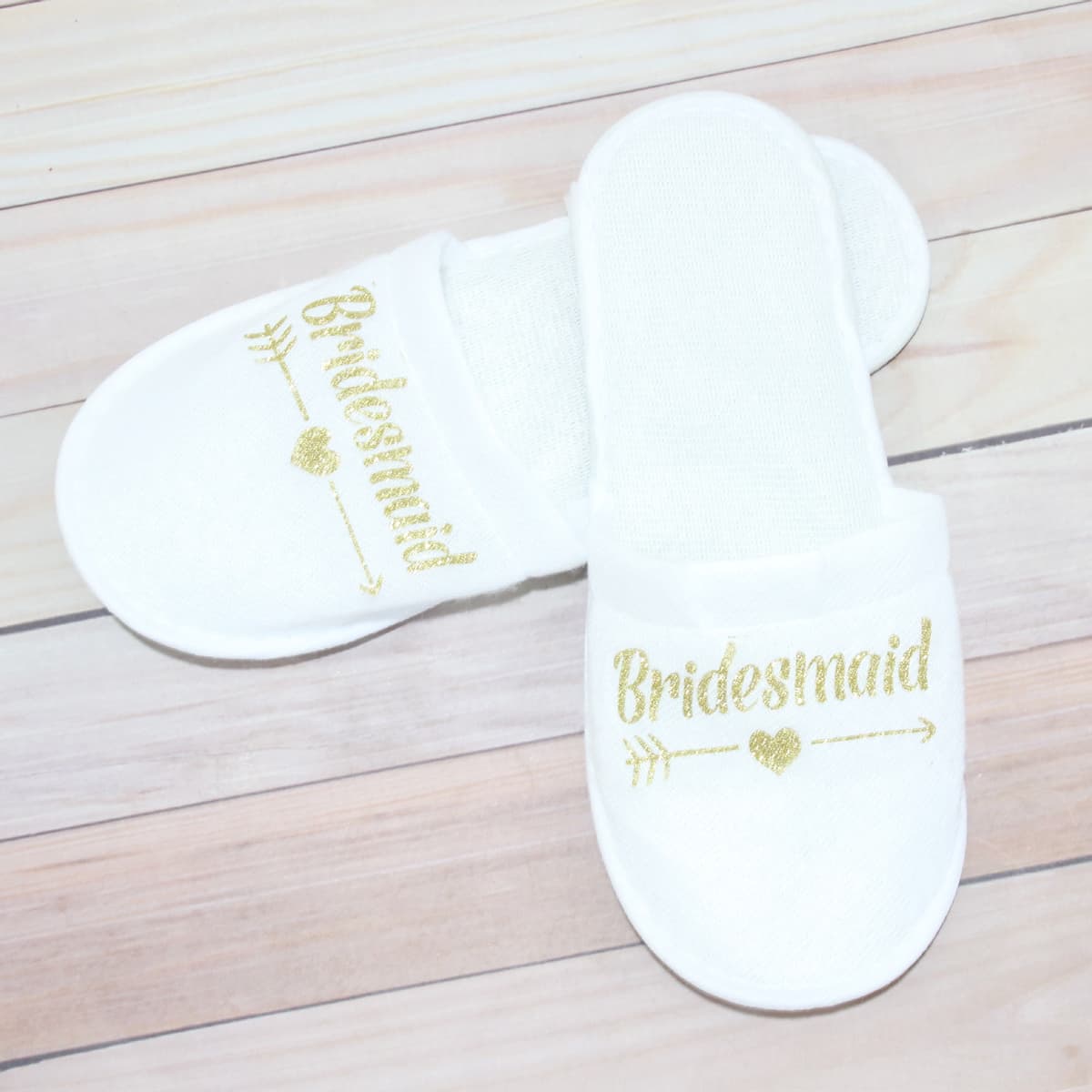 White slippers/gold letter bridesmaid