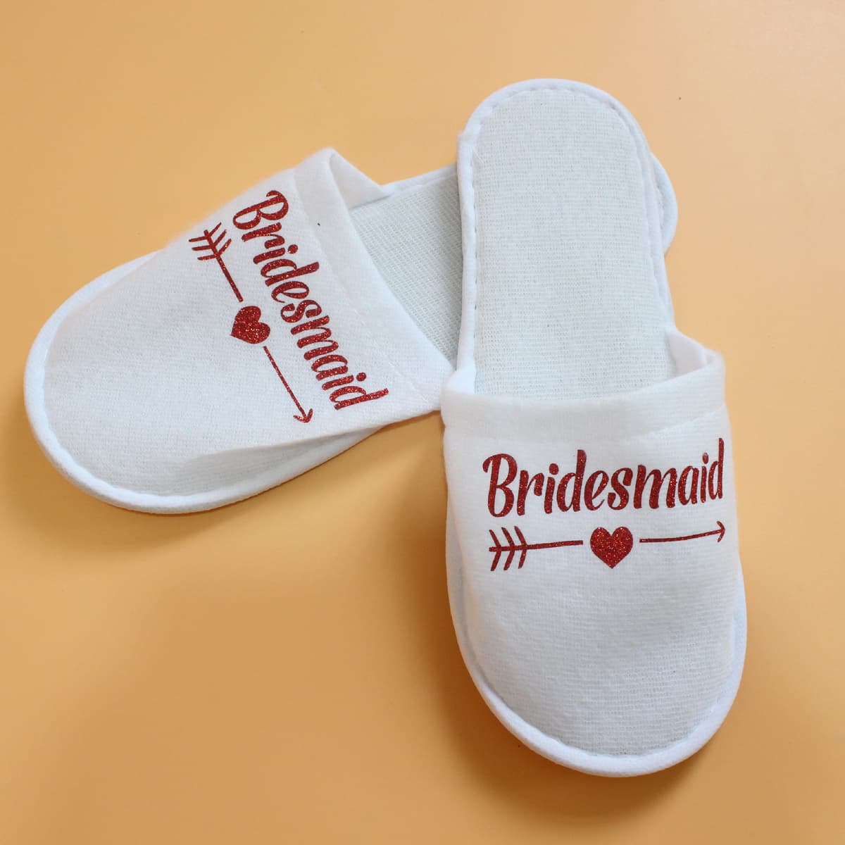 White slippers/red letters bridesmaid