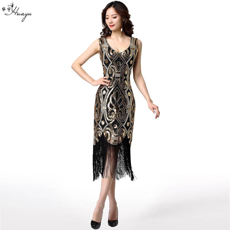 Cross-border explosive 1920s retro fringed sequin V collar dress slim nail bead fashion banquet evening dress Direct 4