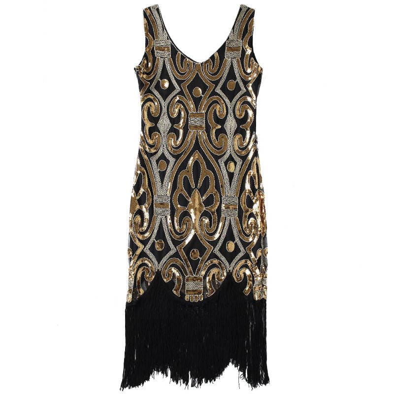 Cross-border explosive 1920s retro fringed sequin V collar dress slim nail bead fashion banquet evening dress Direct 5