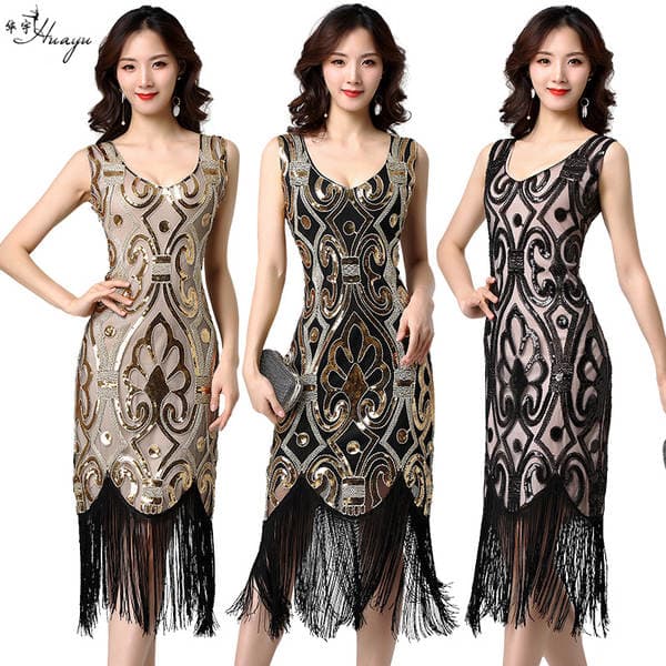 Cross-border explosive 1920s retro fringed sequin V collar dress slim nail bead fashion banquet evening dress Direct