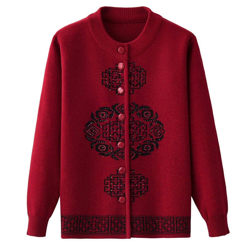 Elderly Women's Autumn and Winter Knitted Fleece-Lined Thickened Sweater Mother's Spring Dress New Year Festive Grandma Tang Dress Cardigan 3