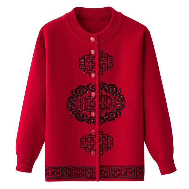 Elderly Women's Autumn and Winter Knitted Fleece-Lined Thickened Sweater Mother's Spring Dress New Year Festive Grandma Tang Dress Cardigan 5