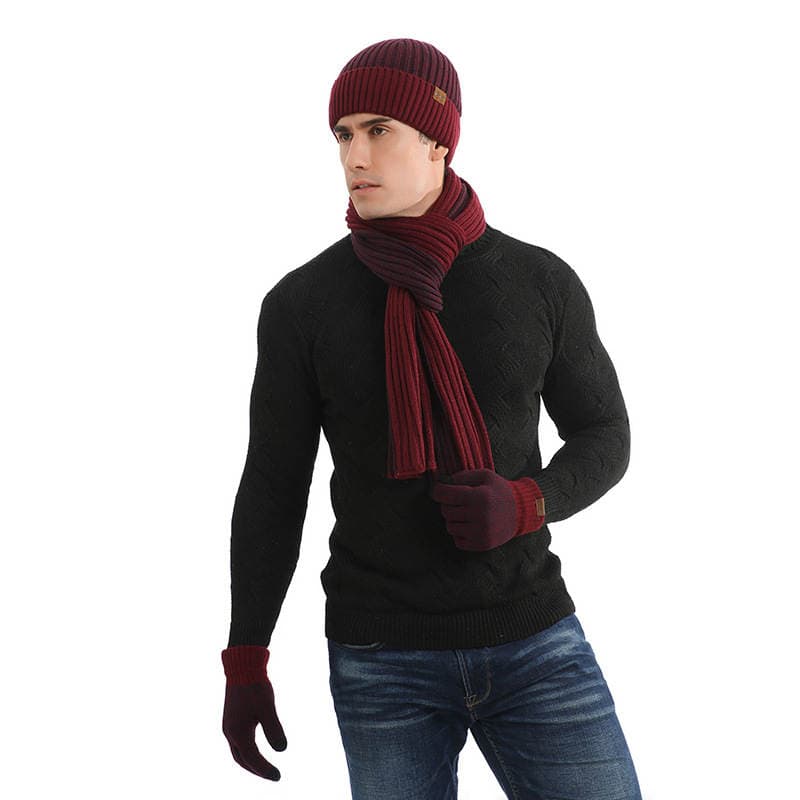 Cross-Border Autumn and Winter Thickened Warm Knitted Men's and Women's Hat, Scarf, and Gloves Three-Piece Set Manufacturer Wholesale Warm Upgrade 2