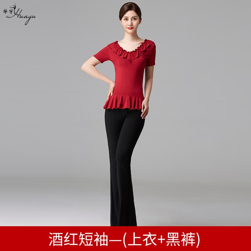 Wine red short sleeve shirt + black pants