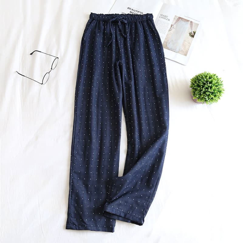 Yarn-dyed gauze trousers-green dots (female)
