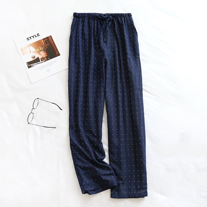 Yarn-dyed gauze trousers-green dots (male)