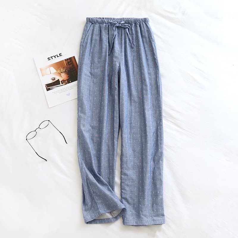 Yarn-dyed gauze trousers-blue dot (male)