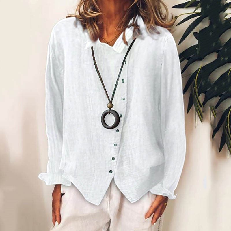 Amazon Women's Large Size Breathable Loose Solid Color Temperament Cotton and Linen Shirt T-Shirt Long Sleeve Business Casual 3