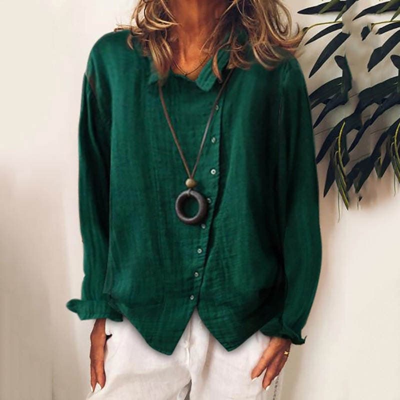 Amazon Women's Large Size Breathable Loose Solid Color Temperament Cotton and Linen Shirt T-Shirt Long Sleeve Business Casual 1