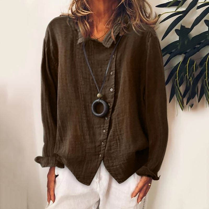 Amazon Women's Large Size Breathable Loose Solid Color Temperament Cotton and Linen Shirt T-Shirt Long Sleeve Business Casual 5