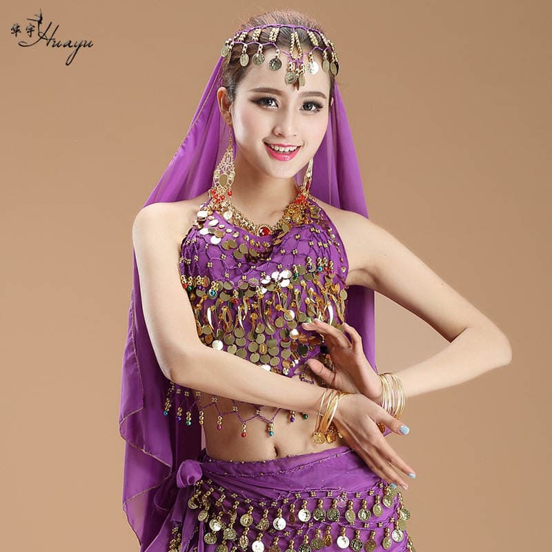 Huayu Dance Hot-Selling Belly Dance Costume Little Pepper Indian Colorful Bell Camouflage Sequin Top Sexy Dance Party 3