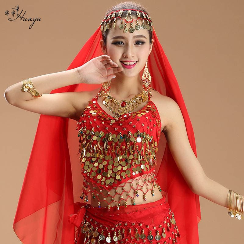 Huayu Dance Hot-Selling Belly Dance Costume Little Pepper Indian Colorful Bell Camouflage Sequin Top Sexy Dance Party 1