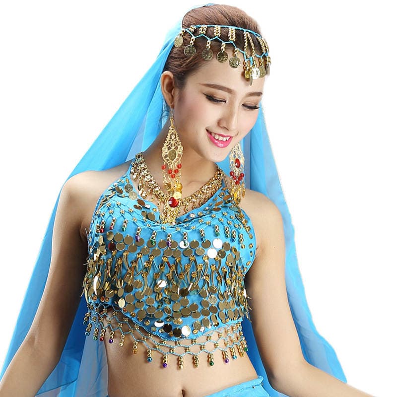 Huayu Dance Hot-Selling Belly Dance Costume Little Pepper Indian Colorful Bell Camouflage Sequin Top Sexy Dance Party 5