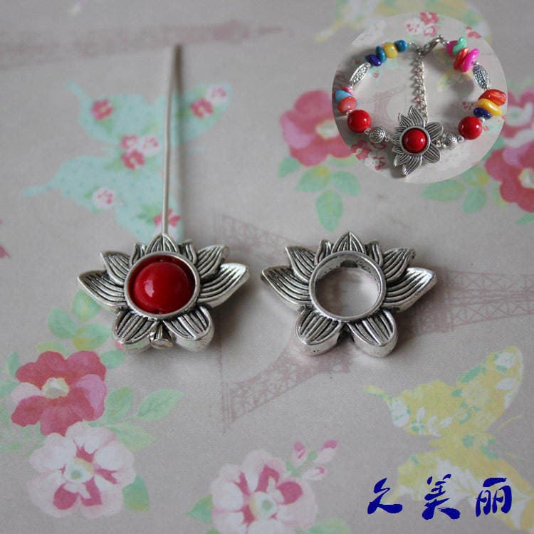 DIY jewelry accessories beaded material Xizang Silver 19*14mm alloy lotus ring inlaid beads special clearance 2