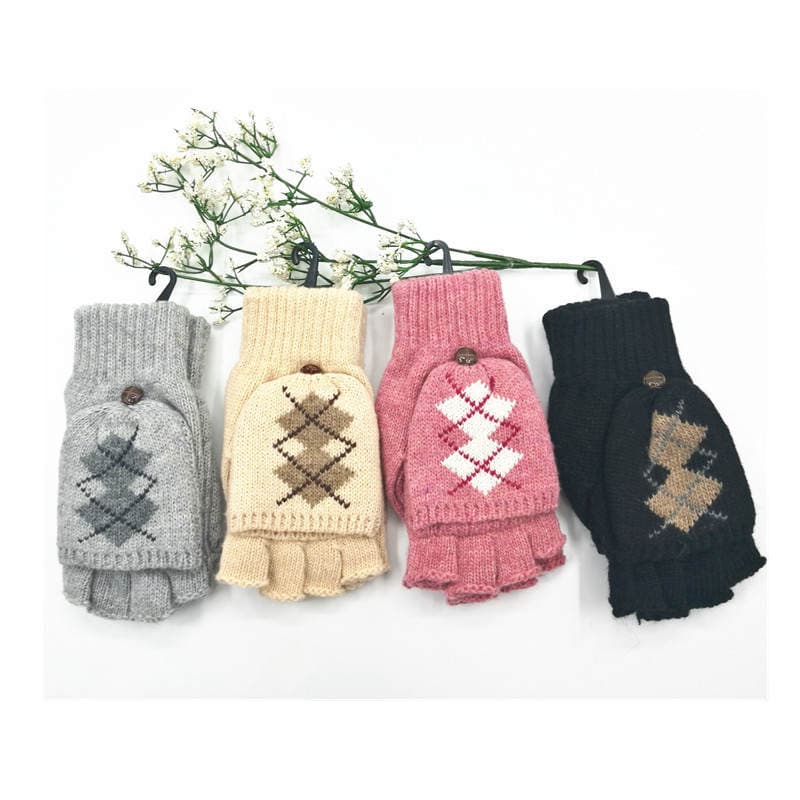 Autumn and Winter New Flip Wool Gloves Unisex Dual-use Warm Couple Half Finger Gloves Diamond Knitted Finger Gloves 1