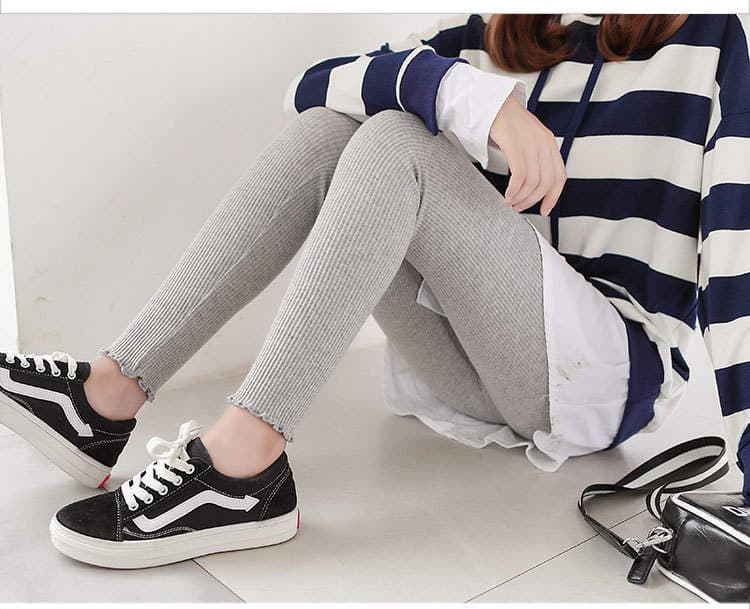 Spring and Autumn Korean-style Threaded Vertical Leggings High Waist Slimming Leggings Foot Lace Ankle-length Pants 1