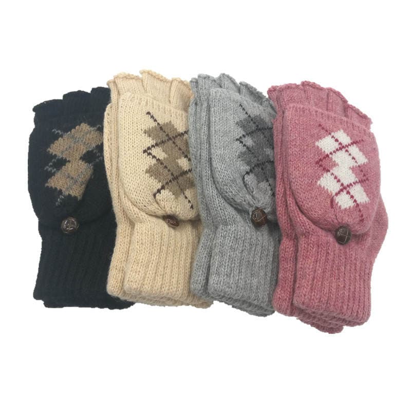 Autumn and Winter New Flip Wool Gloves Unisex Dual-use Warm Couple Half Finger Gloves Diamond Knitted Finger Gloves 5