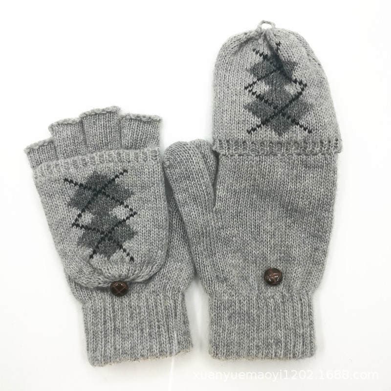 Autumn and Winter New Flip Wool Gloves Unisex Dual-use Warm Couple Half Finger Gloves Diamond Knitted Finger Gloves 4