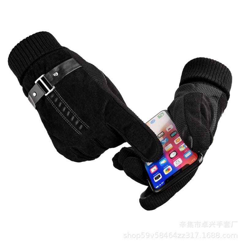 Leather Gloves Men's Winter Outdoor Riding Cold-proof Warm Thickened Fleece-lined Pigskin Gloves Touch Screen Cycling Motorcycle 1