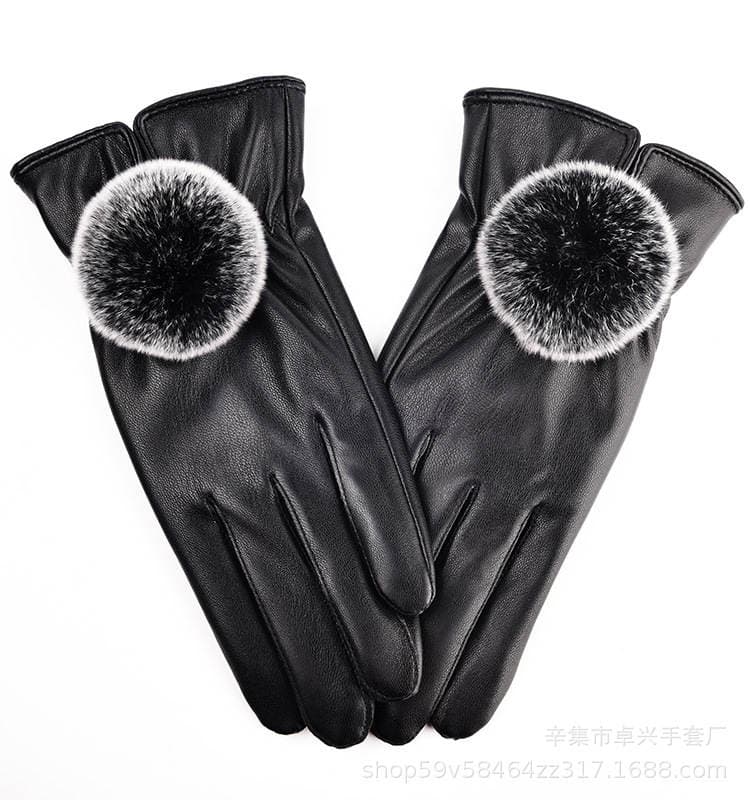 Touch Screen Gloves Women's Winter Women's Rex Rabbit Fur Ball Leather Gloves Warm New Cute Slimming Tram Driving Gloves 1