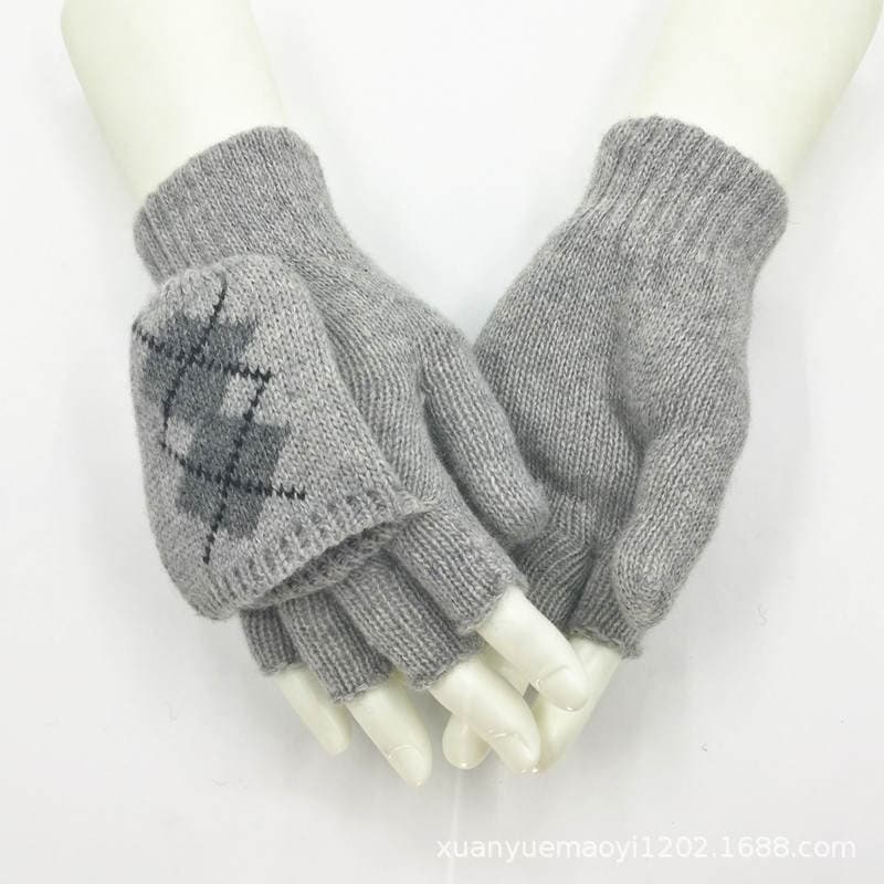 Autumn and Winter New Flip Wool Gloves Unisex Dual-use Warm Couple Half Finger Gloves Diamond Knitted Finger Gloves 2