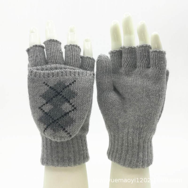 Autumn and Winter New Flip Wool Gloves Unisex Dual-use Warm Couple Half Finger Gloves Diamond Knitted Finger Gloves 3