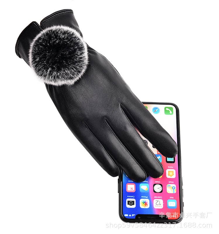Touch Screen Gloves Women's Winter Women's Rex Rabbit Fur Ball Leather Gloves Warm New Cute Slimming Tram Driving Gloves 2
