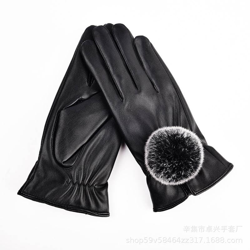Touch Screen Gloves Women's Winter Women's Rex Rabbit Fur Ball Leather Gloves Warm New Cute Slimming Tram Driving Gloves 5