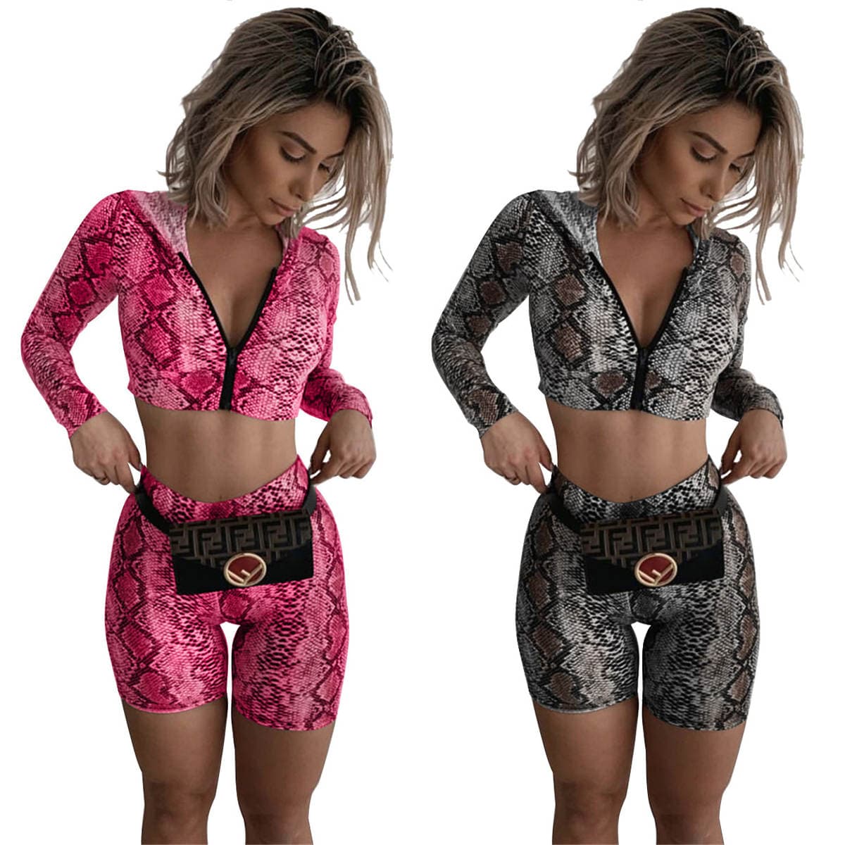 3076 Amazon European and American Elegant Fashion Snakeskin Crewneck Long Sleeve Jacket Slim-fit Two-piece Suit 1