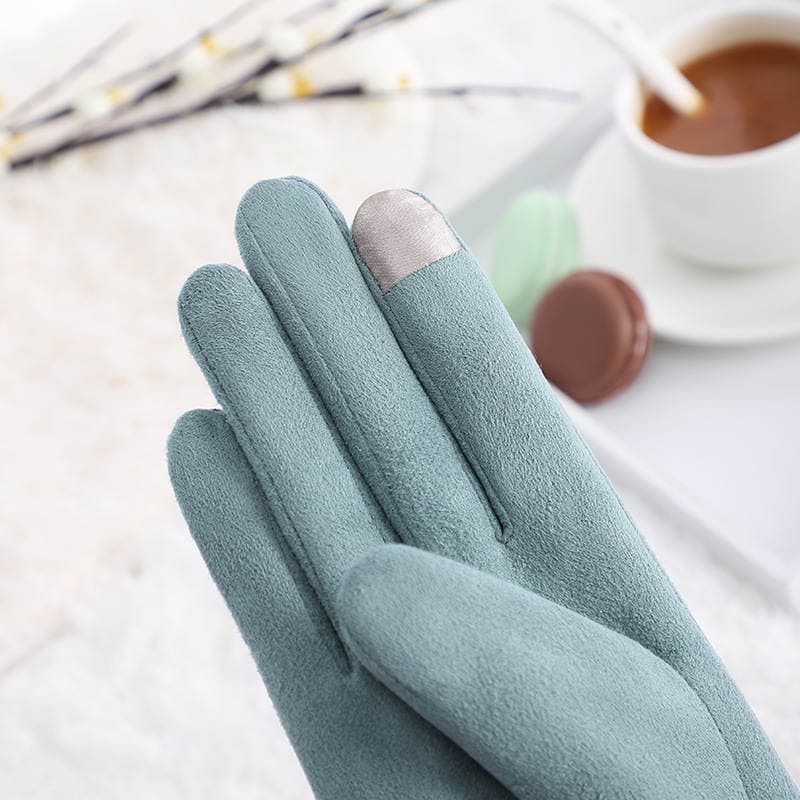 Autumn and winter warm plus velvet gloves suede touch screen outdoor riding windproof cold driving cute girls' gloves 4
