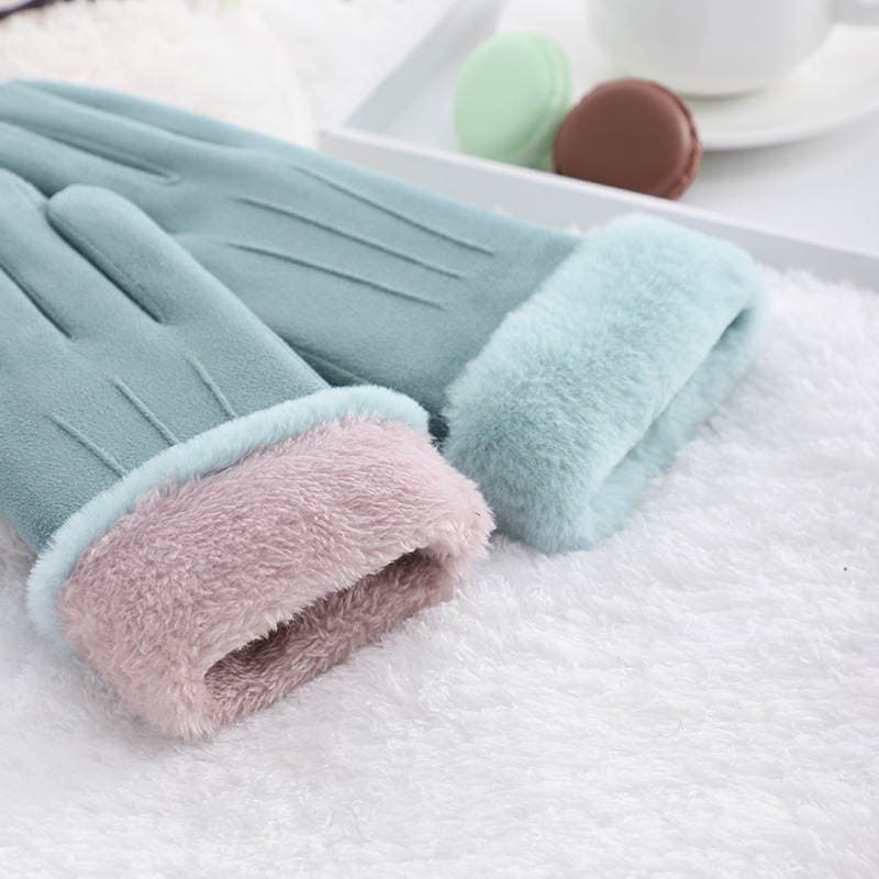 Autumn and winter warm plus velvet gloves suede touch screen outdoor riding windproof cold driving cute girls' gloves 3