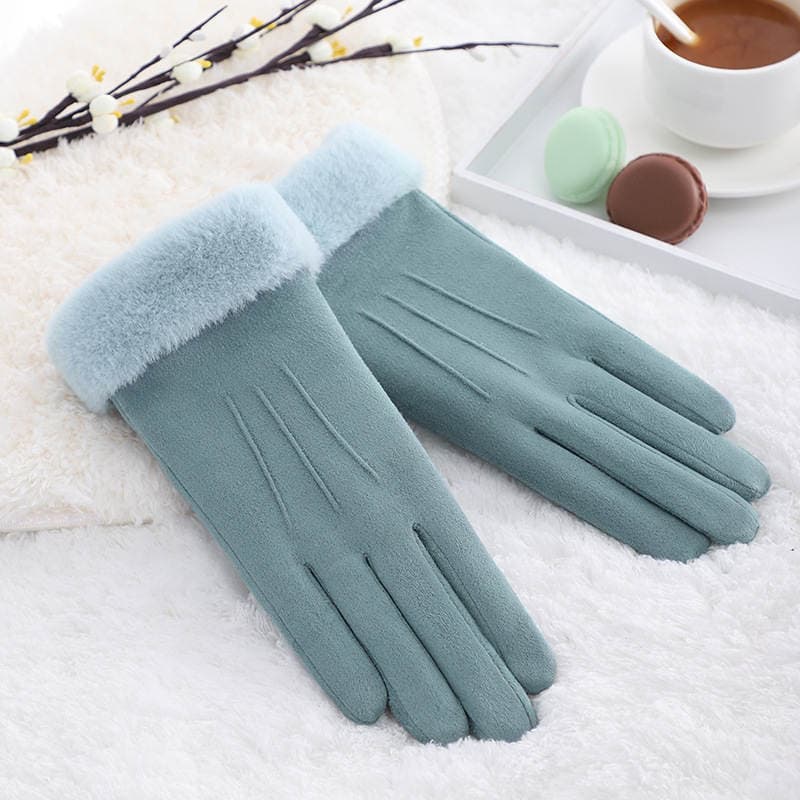 Autumn and winter warm plus velvet gloves suede touch screen outdoor riding windproof cold driving cute girls' gloves 1