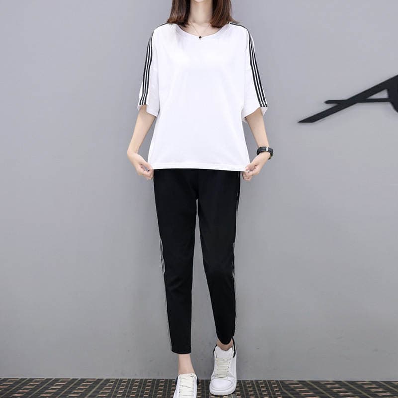 Sports Suit Women's Summer 2021 Loose Fashionable Casual Spring Korean Style Student T-shirt Harlan Pants Two-piece Set Trendy 3