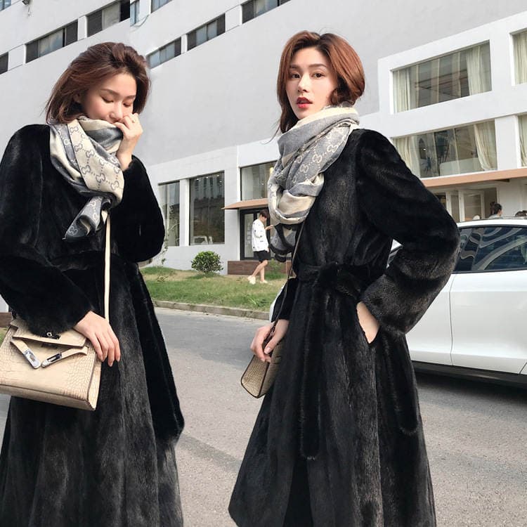 Long Imitation Mink Fur Women's Coat Velvet Women's Coat Round Collarless Belt Fur Coat Winter Women 3