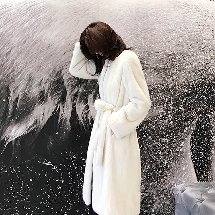 Long Imitation Mink Fur Women's Coat Velvet Women's Coat Round Collarless Belt Fur Coat Winter Women 2