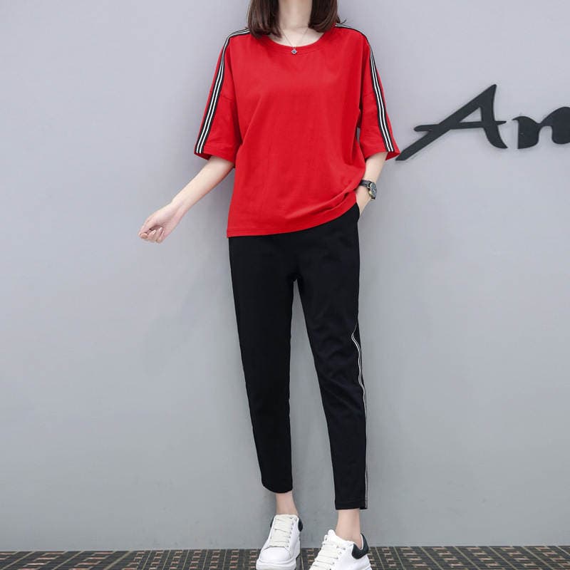 Sports Suit Women's Summer 2021 Loose Fashionable Casual Spring Korean Style Student T-shirt Harlan Pants Two-piece Set Trendy 4
