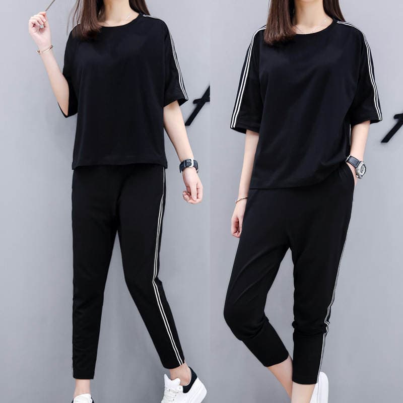 Sports Suit Women's Summer 2021 Loose Fashionable Casual Spring Korean Style Student T-shirt Harlan Pants Two-piece Set Trendy 2