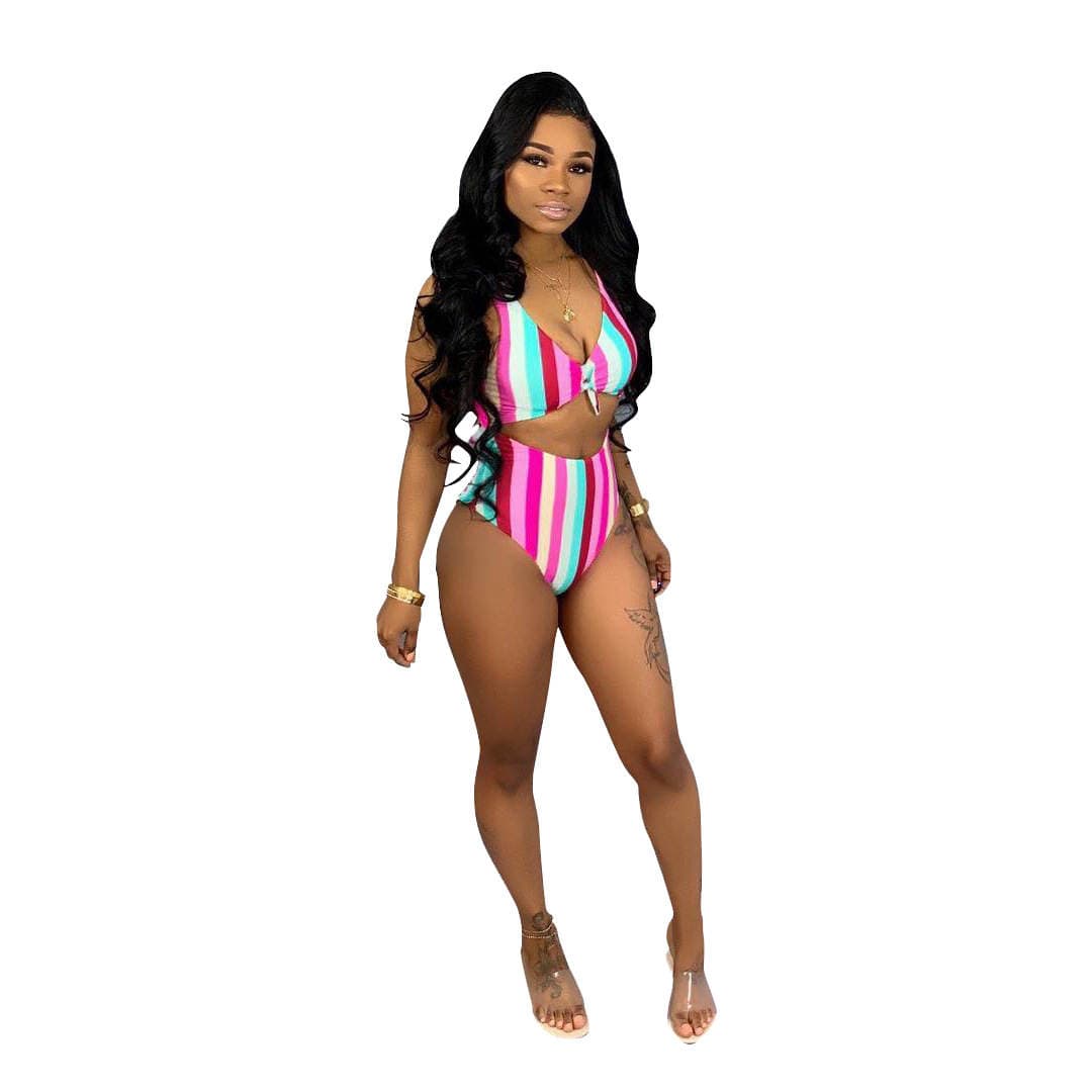 D9093 Cross-border Women's Clothing Amazon Hot Selling European and American Women's Sexy Color Stripe Printed Two-piece Swimwear 5