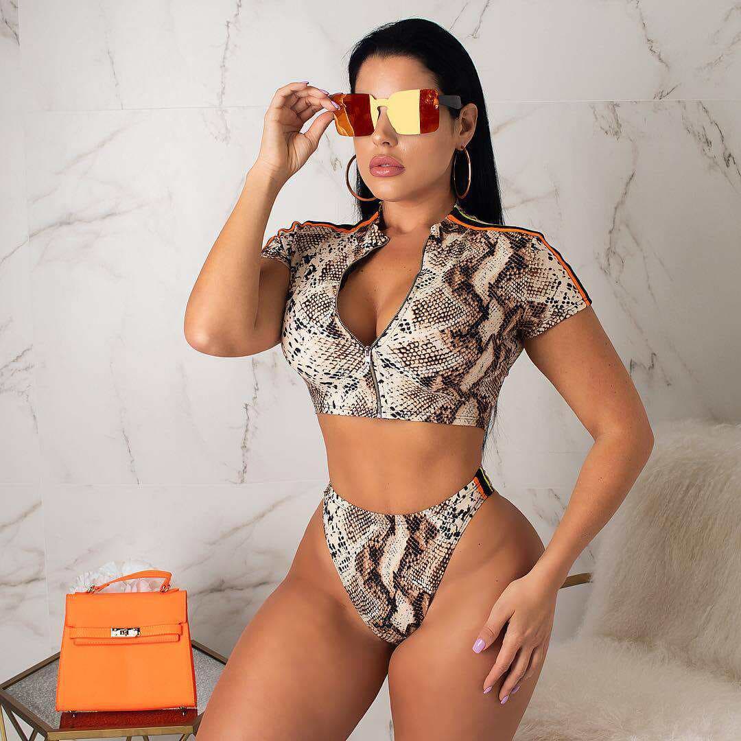 D9068 Cross-border Women's Clothing Amazon Hot Selling European and American Women's Sexy Snake Print Short-sleeved Two-piece Swimsuit 3