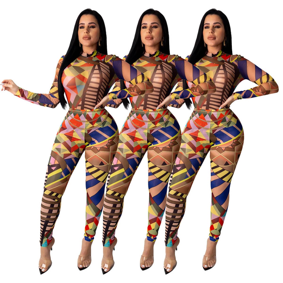 D9209 Amazon Hot Selling European and American Women's Sexy Geometric Pattern Positioning Printed Jumpsuit + Pants Two-Piece Set 1