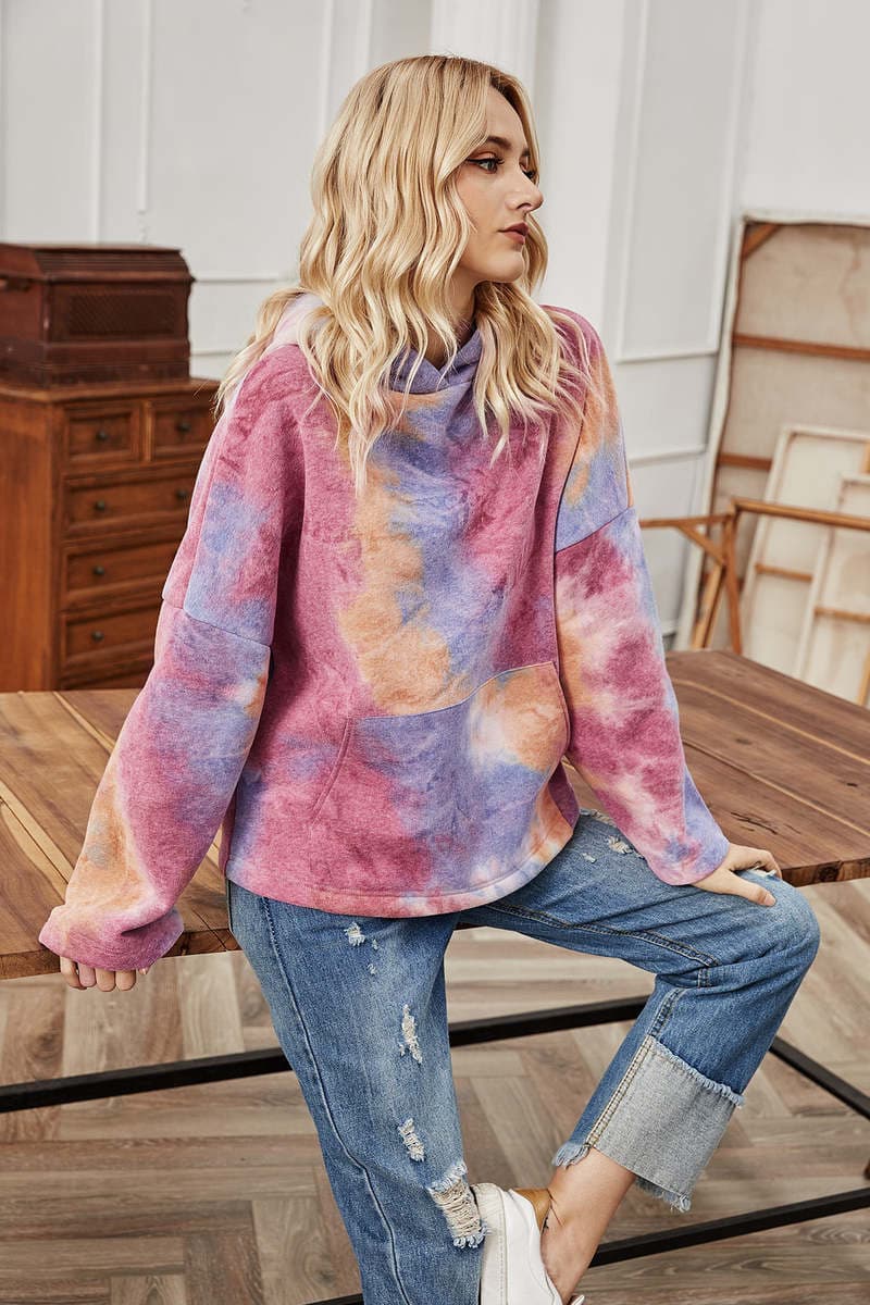Payız Koreya Dəbli Gənclik Qadın Kapüşonlu Batik Uzunqol Geniş Pullover 3