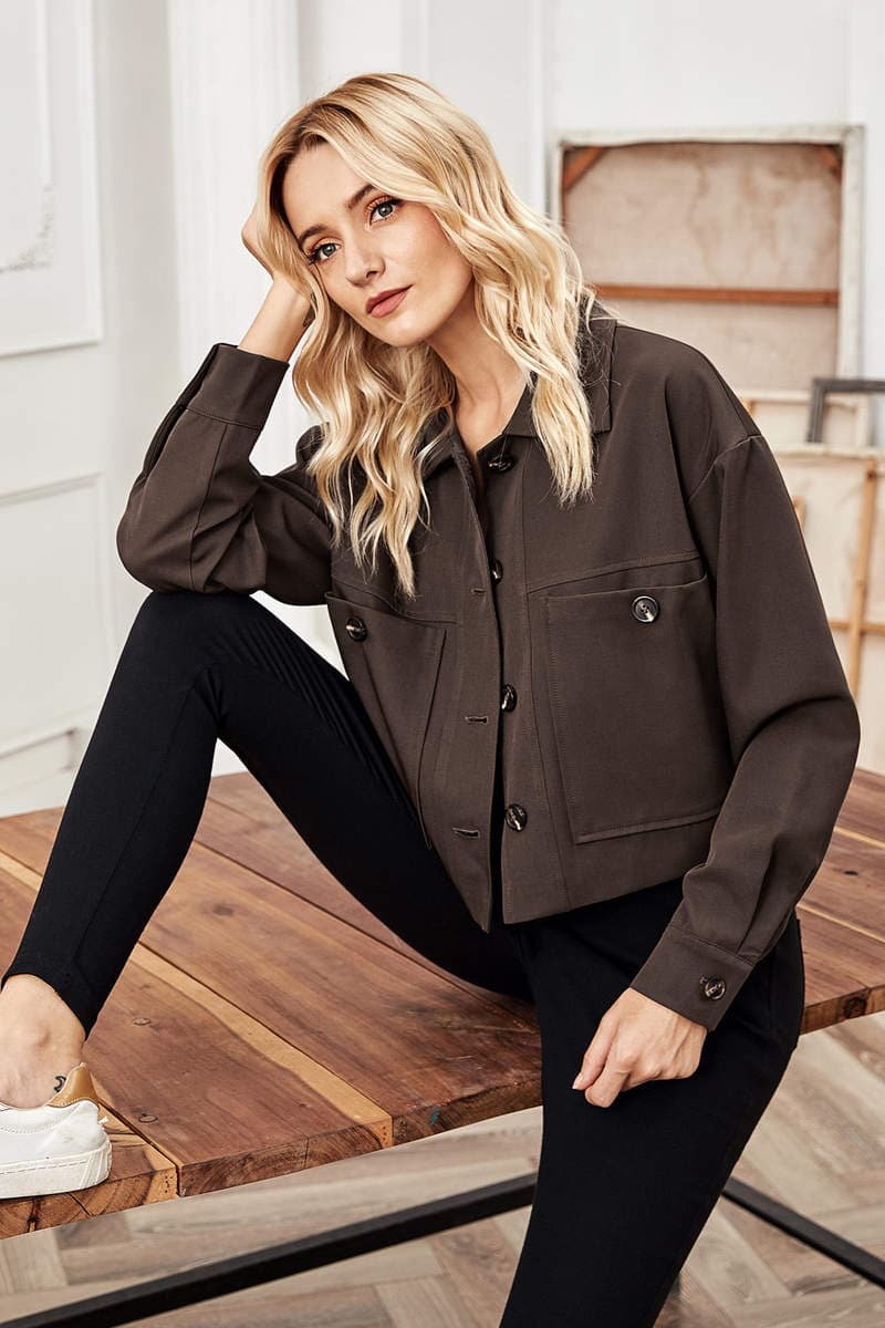 Qadınlar üçün payız/qış mövsümü, sərbəst kəsimli, uzunqol, qısa, yaxalı jaket 4