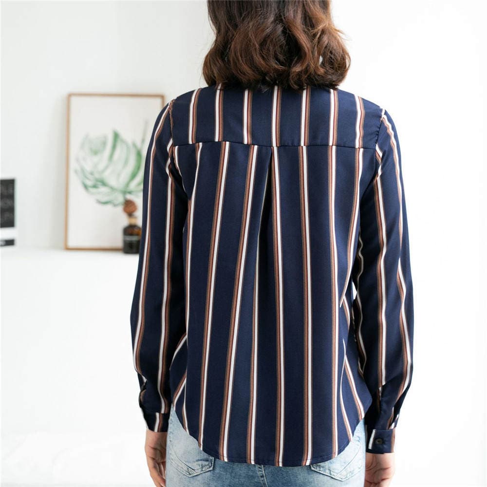 Amazon European and American new women's stitching striped long-sleeved turn Cardigan single-breasted Shirt casual top 5