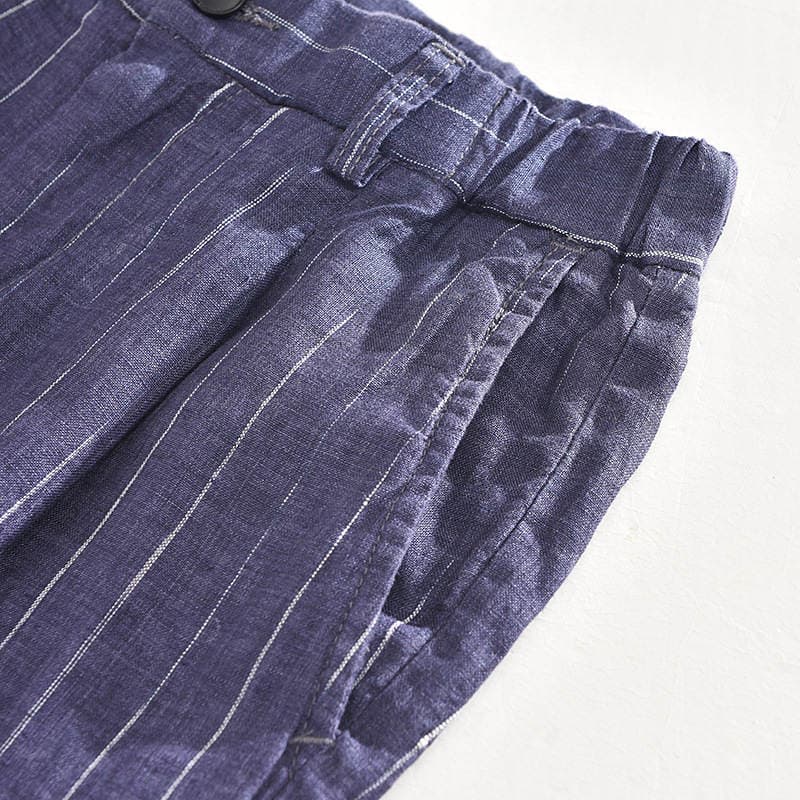 1610 summer striped linen casual pants loose men's elastic waist breathable five beach pants a generation of hair 4