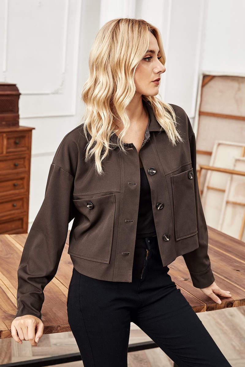 Qadınlar üçün payız/qış mövsümü, sərbəst kəsimli, uzunqol, qısa, yaxalı jaket 3
