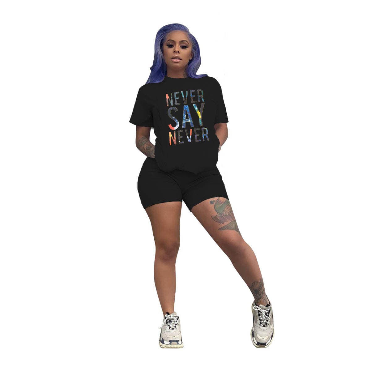 D9240 Amazon Hot Selling European and American Women's Fashion Casual Solid Color Star Letter Printed Short Sleeve Two-Piece Set 5