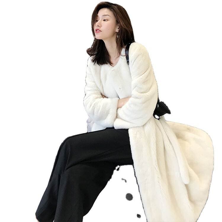 Long Imitation Mink Fur Women's Coat Velvet Women's Coat Round Collarless Belt Fur Coat Winter Women 5